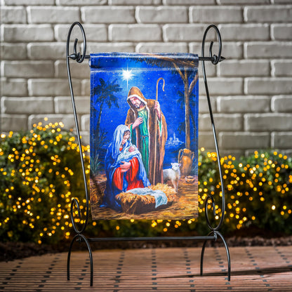 Holy Night Nativity Lustre Flag blue garden flag with nativity scene Evergreen Enterprises on Tampa Home & Garden Store