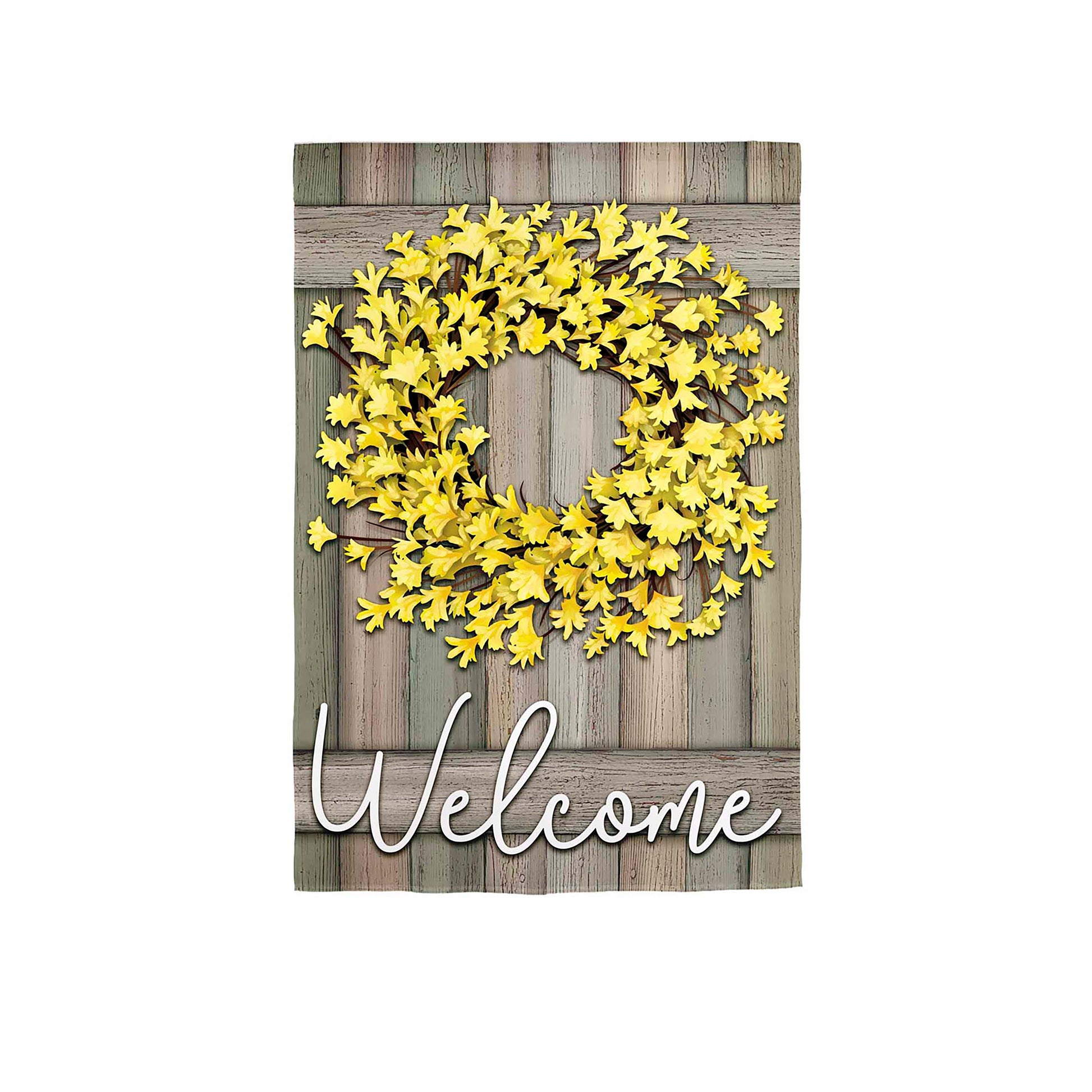 Forsythia Farmhouse Wreath Burlap Flag with bright yellow flowers on aged wood backdrop on Tampa Home & Garden Store