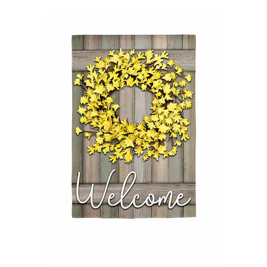 Forsythia Farmhouse Wreath Burlap Flag with bright yellow flowers on aged wood backdrop on Tampa Home & Garden Store