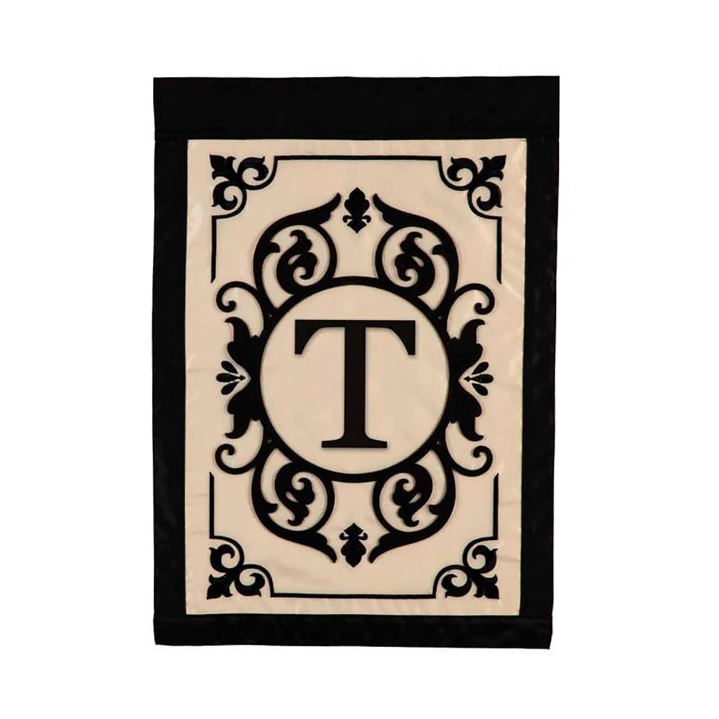 Cambridge Monogram Garden Applique Flag, letter T; beige panel with black crest and border on Tampa Home & Garden Store