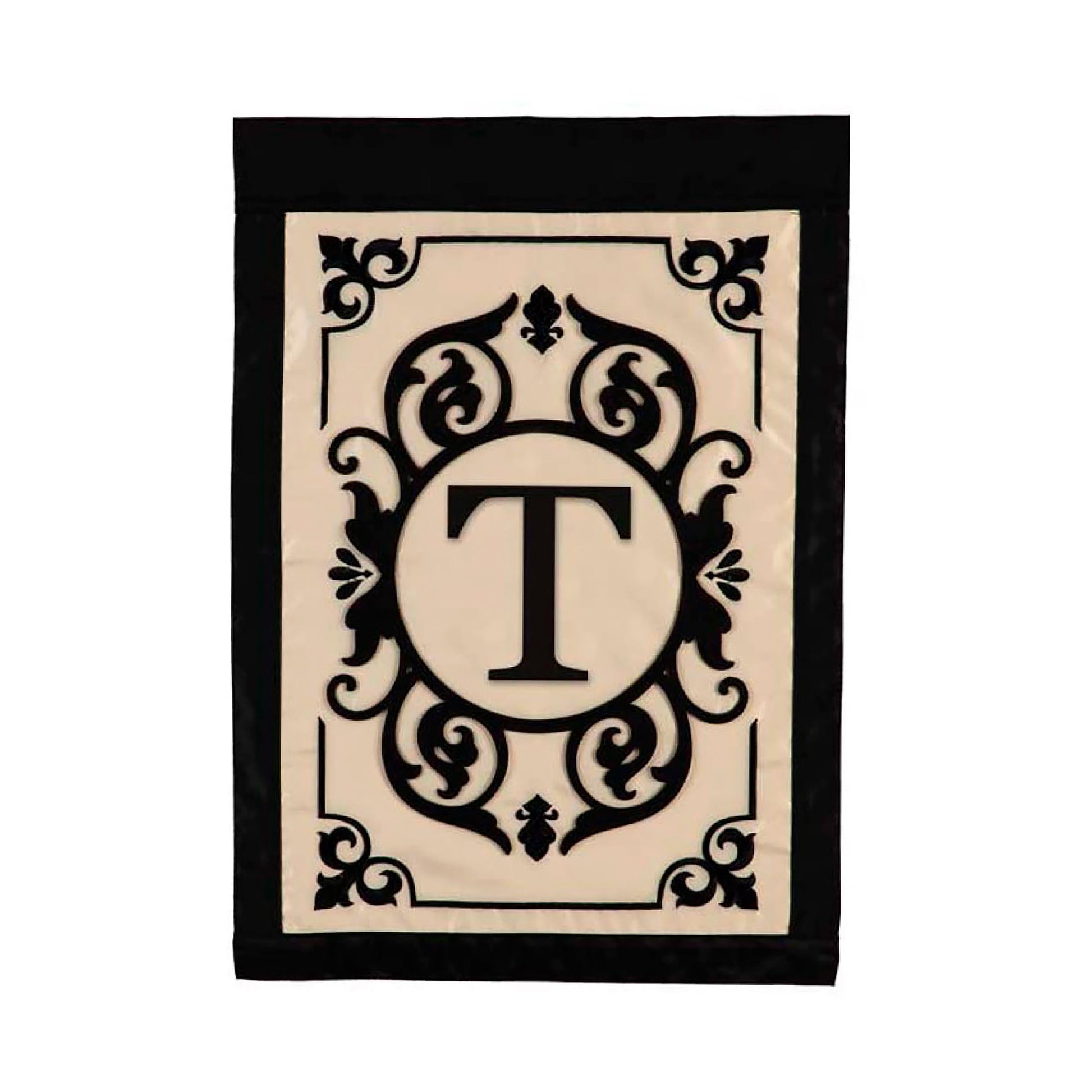 Cambridge Monogram Garden Applique Flag, letter T; beige panel with black crest and border on Tampa Home & Garden Store