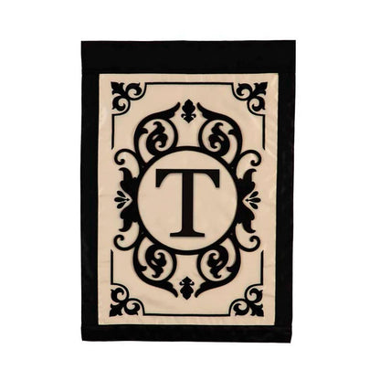 Cambridge Monogram Garden Applique Flag, letter T; beige panel with black crest and border on Tampa Home & Garden Store