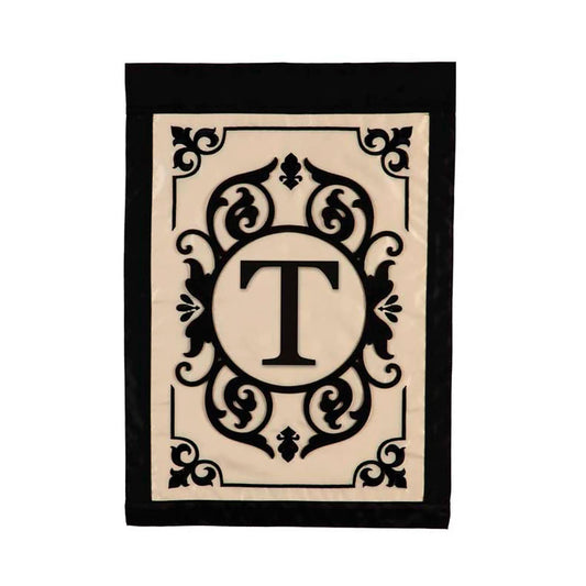 Cambridge Monogram Garden Applique Flag, letter T; beige panel with black crest and border on Tampa Home & Garden Store