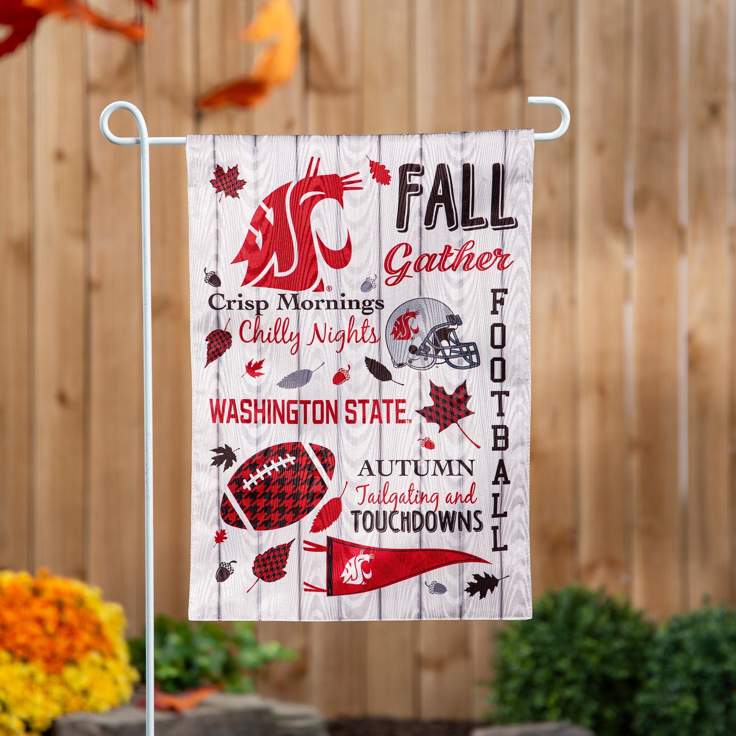 Washington State University Moire Flag Fall Seasonal gray moire with red graphics on metal stand on Tampa Home & Garden Store