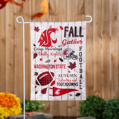 Washington State University Moire Flag Fall Seasonal gray moire with red graphics on metal stand on Tampa Home & Garden Store
