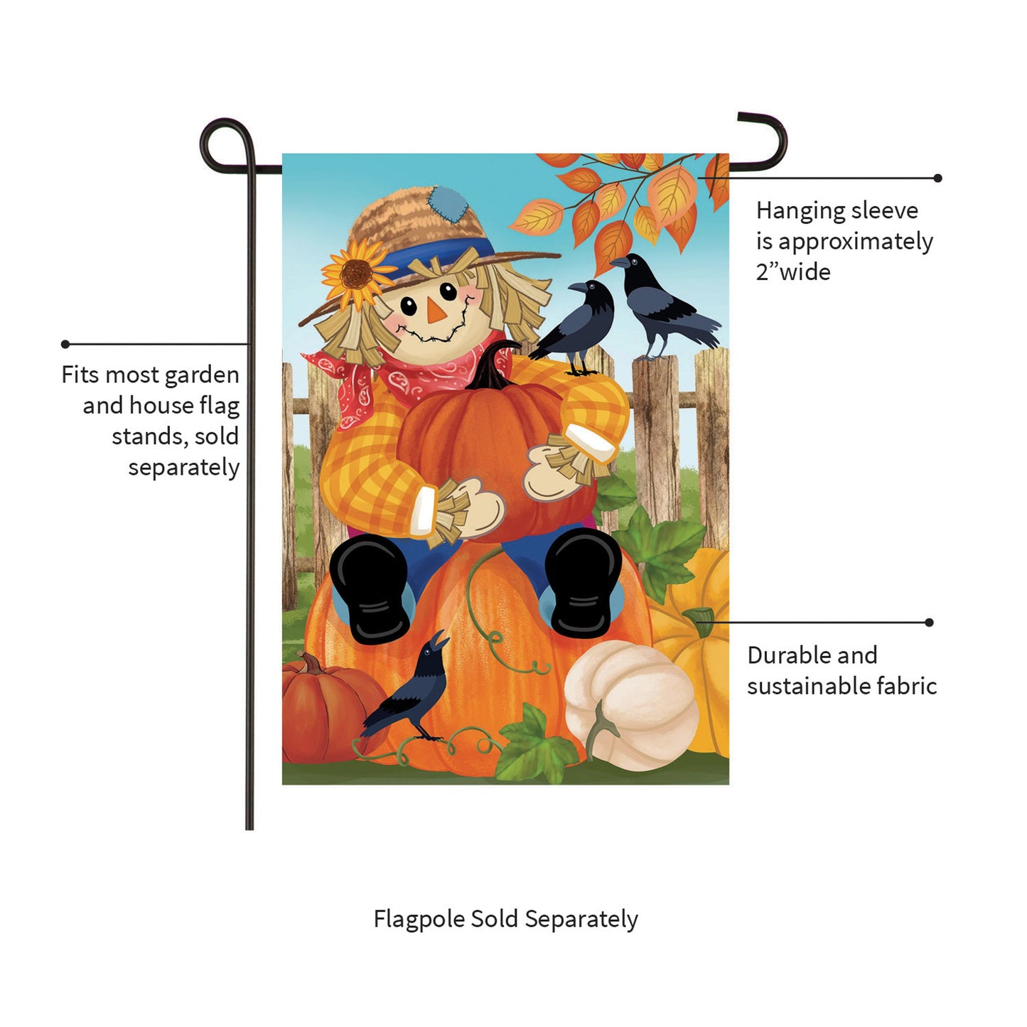 Friends & Scarecrow suede garden flag with scarecrow, pumpkins and crows on blue sky on Tampa Home & Garden Store