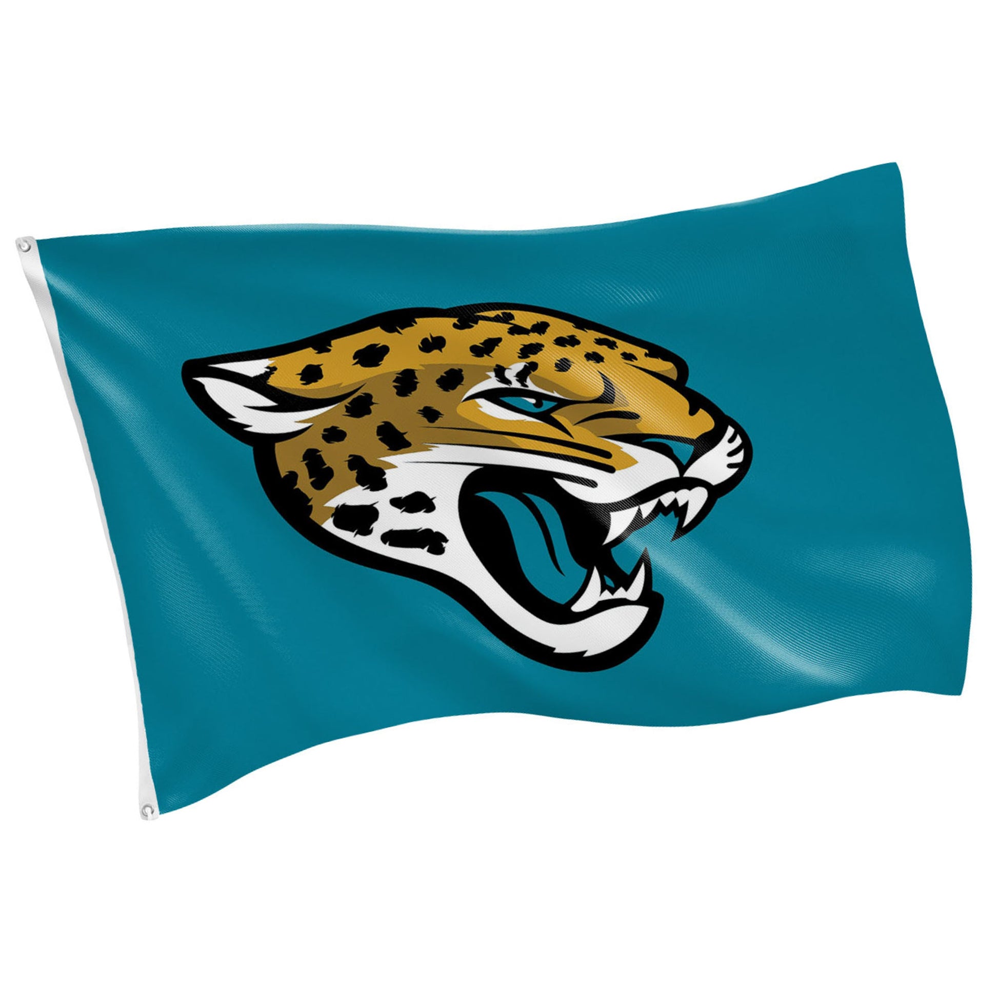 Jacksonville Jaguars sublimated flag 3x5 with teal field and jaguar head, 2 grommets on Tampa Home & Garden Store