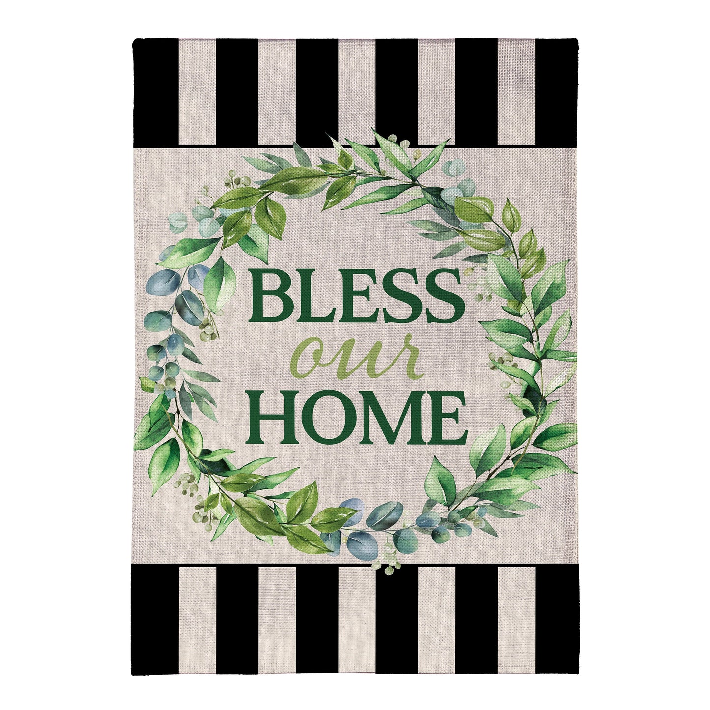 Bless Our Home Burlap Garden Flag green leaves on beige burlap on Tampa Home & Garden Store