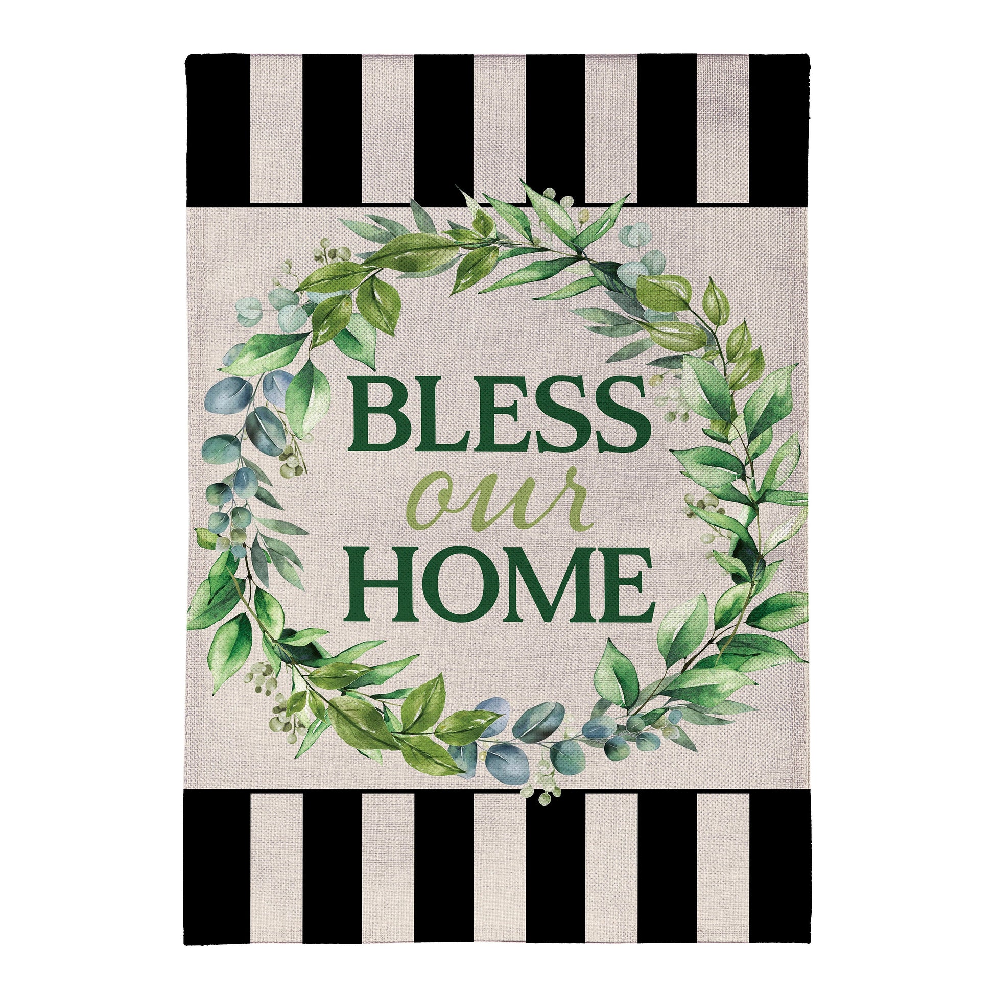 Bless Our Home Burlap Garden Flag green leaves on beige burlap on Tampa Home & Garden Store