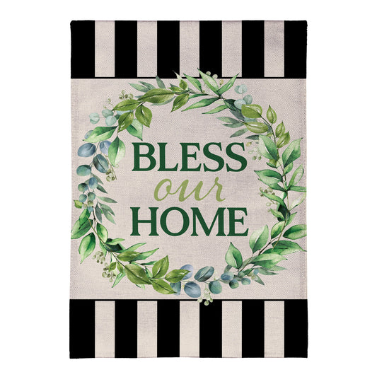 Bless Our Home Burlap Garden Flag green leaves on beige burlap on Tampa Home & Garden Store