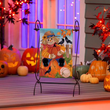 Friends & Scarecrow Suede Garden Flag on a metal stand with autumn pumpkins on Tampa Home & Garden Store