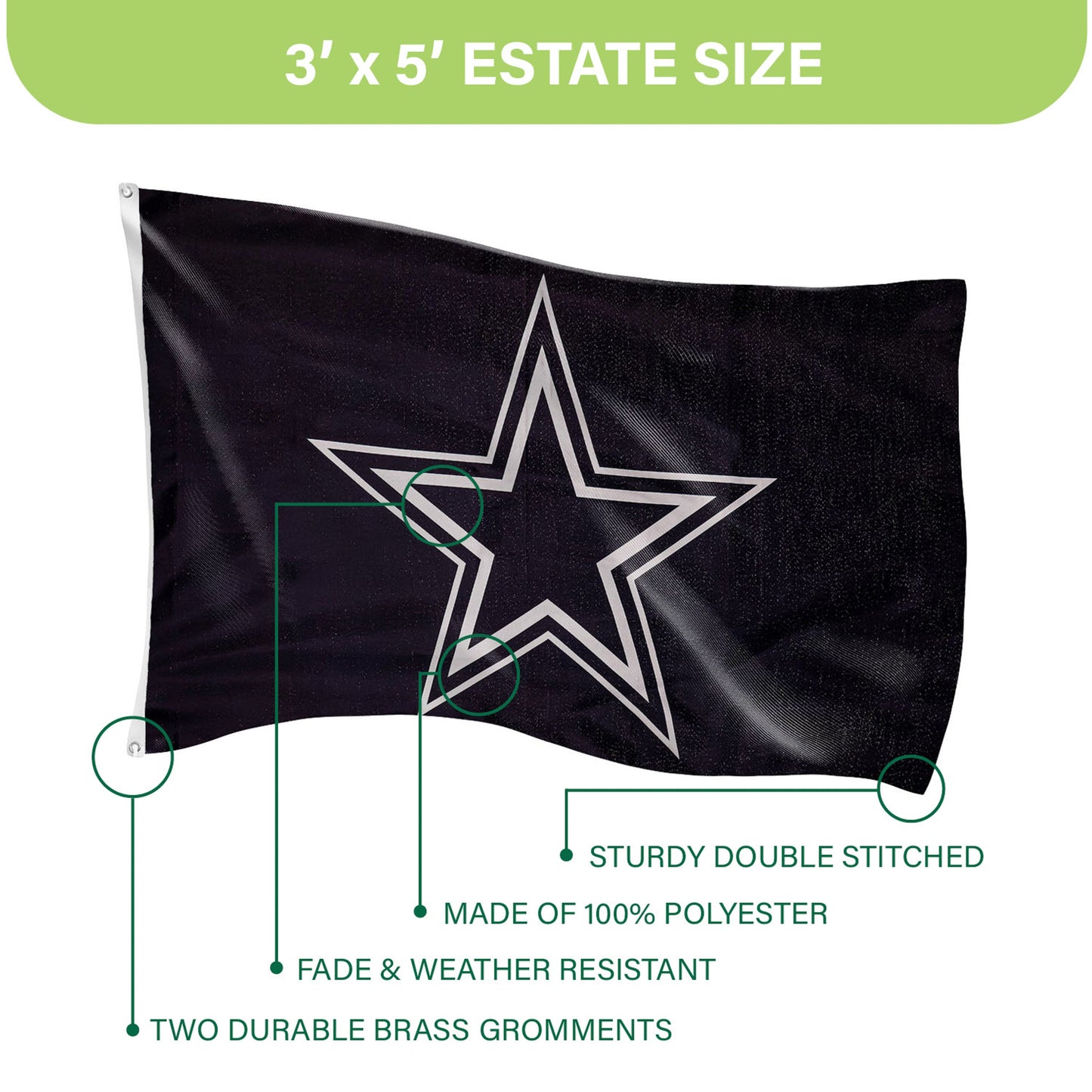 Dallas Cowboys 3x5 estate flag, sublimated flag on black polyester with brass grommets on Tampa Home & Garden Store
