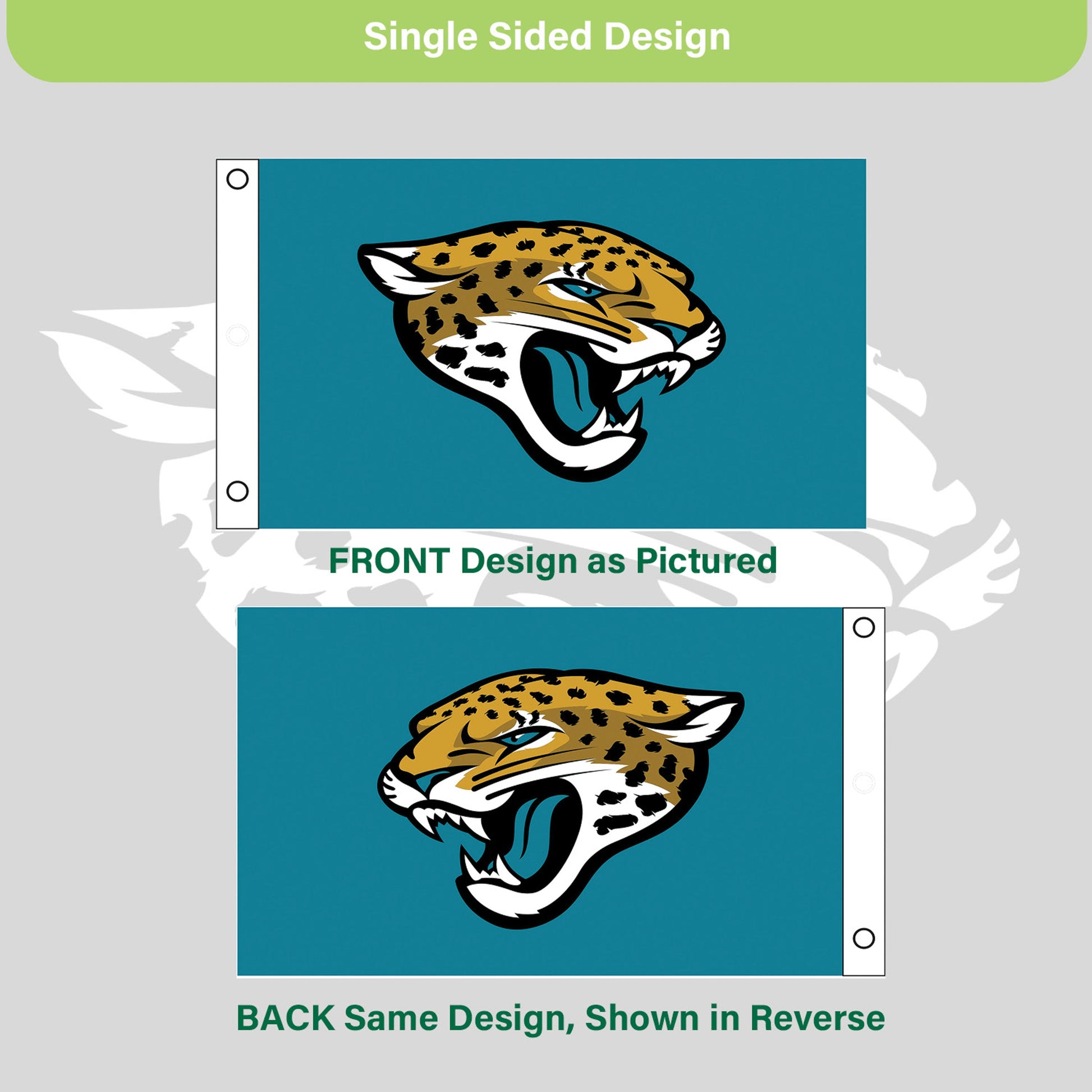 Jacksonville Jaguars flag 3x5, single-sided with 2 grommets, teal jaguar head by Evergreen on Tampa Home & Garden Store