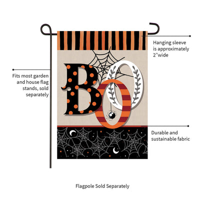Polka Dots & Stripes Boo Suede Garden Flag with striped Boo letters and spiderweb accents on Tampa Home & Garden Store