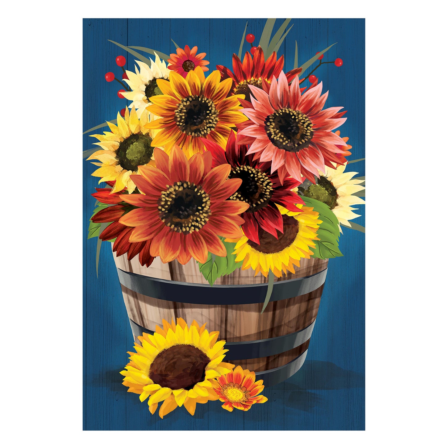 Barrel Of Blooms & Pumpkins Burlap Garden Flag with sunflowers in a bucket on blue wood on Tampa Home & Garden Store