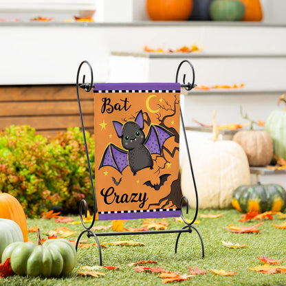 Gone Batty Applique Garden Flag with orange panel purple header and cute bats on Tampa Home & Garden Store