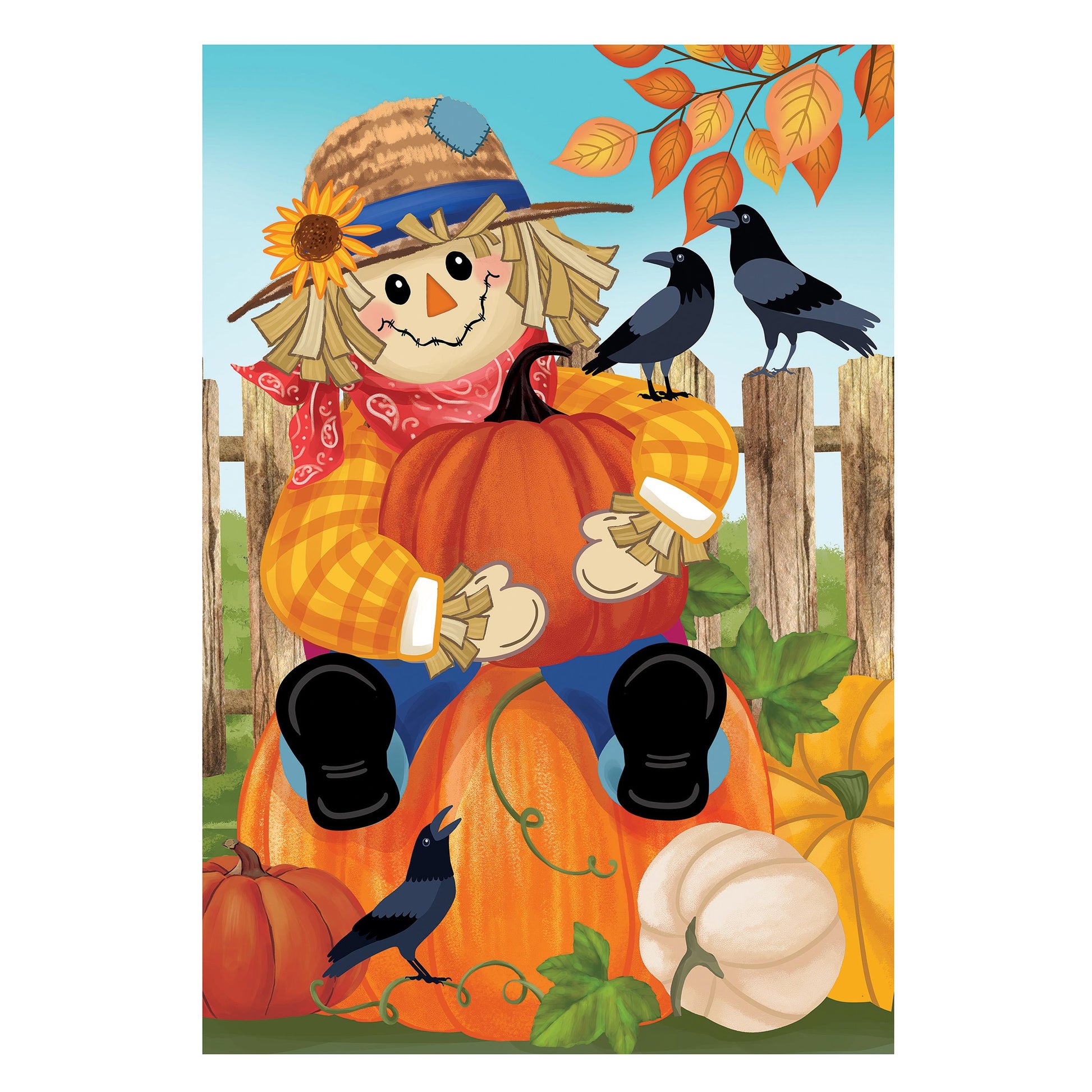 Friends & Scarecrow Suede Garden Flag with pumpkins and sunflowers and crows on a wooden fence on Tampa Home & Garden Store