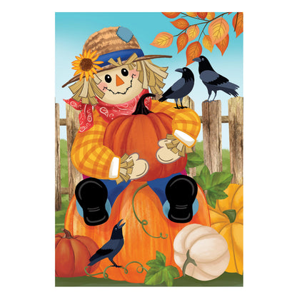Friends & Scarecrow Suede Garden Flag with pumpkins and sunflowers and crows on a wooden fence on Tampa Home & Garden Store