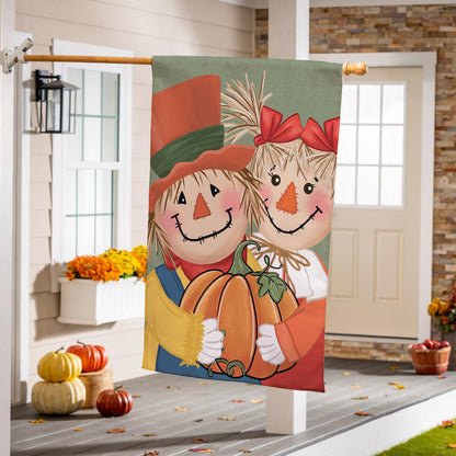 Applique house flag featuring two scarecrows in bright fall colors by Evergreen Enterprises on Tampa Home & Garden Store