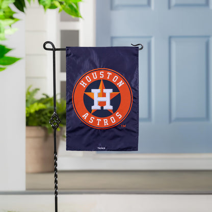 Houston Astros appliqué garden flag on navy flag with orange logo mounted on black garden stake on Tampa Home & Garden Store