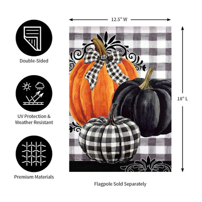 Pumpkin Check Garden Suede Flag with orange and black pumpkins and a black-and-white gingham bow on a gray plaid backdrop on Tampa Home & Garden Store
