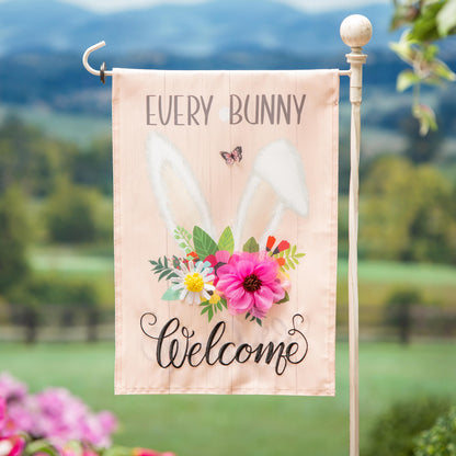 Every Bunny Welcome Applique Garden Flag soft pink background with floral bouquet and butterfly on Tampa Home & Garden Store