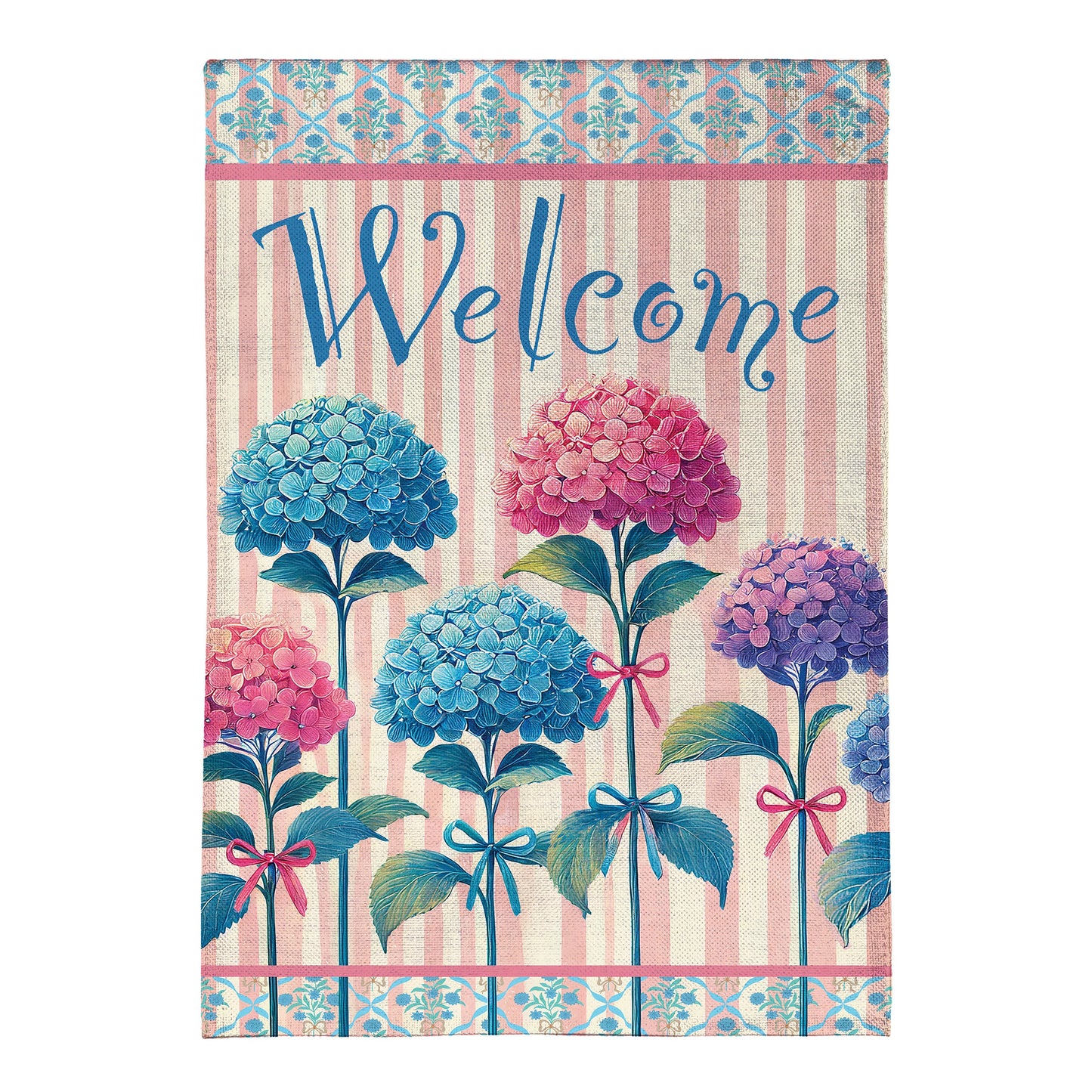 Vintage Hydrangea Burlap Garden Flag with pink stripes and blue/pink blooms Welcome script on Tampa Home & Garden Store