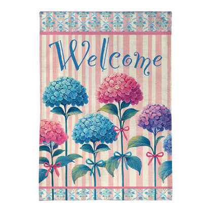 Vintage Hydrangea Burlap Garden Flag with pink stripes and blue/pink blooms Welcome script on Tampa Home & Garden Store