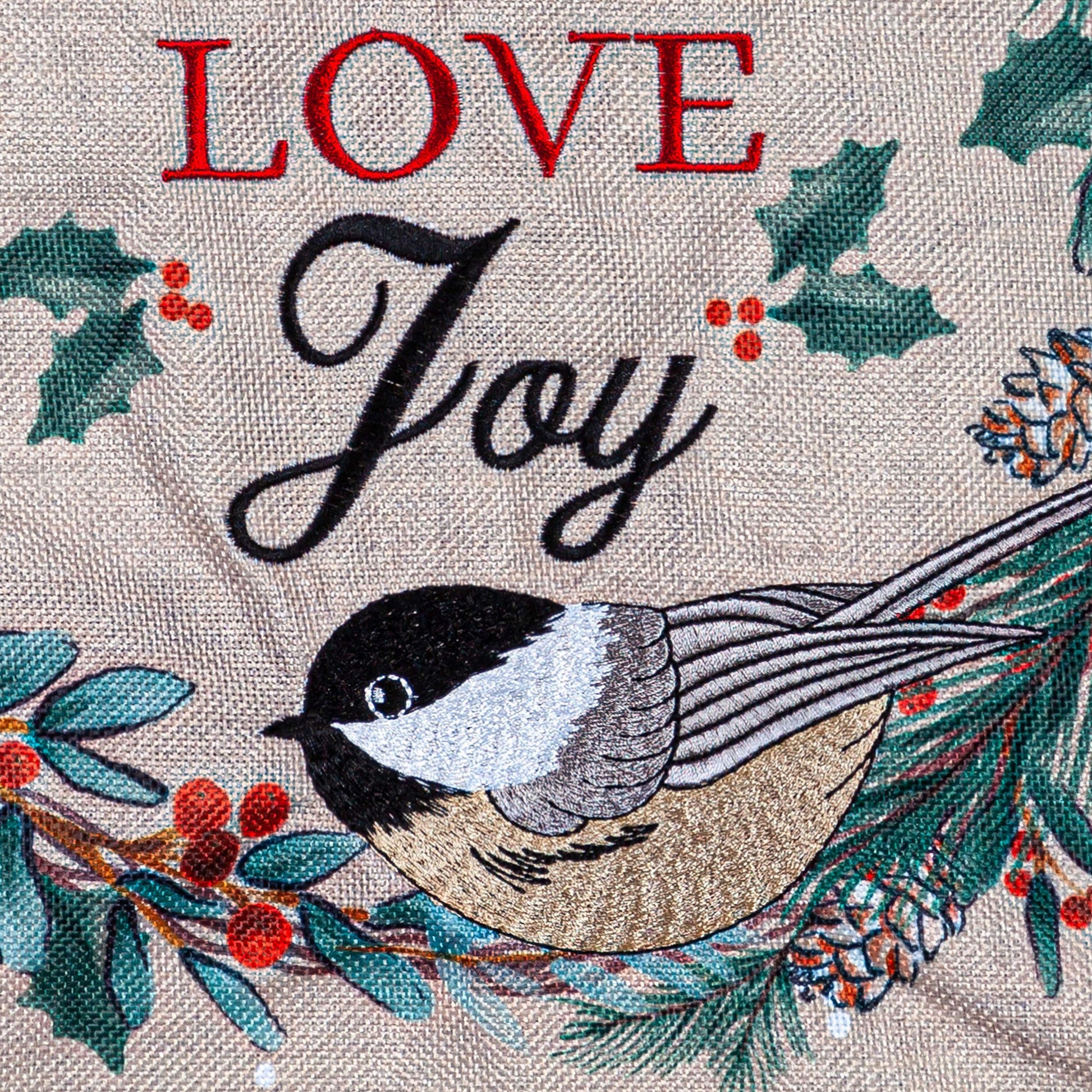 Chickadee Wreath Burlap Garden Flag with beige burlap, black chickadee, holly leaves and red berries on Tampa Home & Garden Store