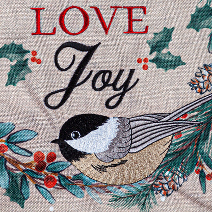 Chickadee Wreath Burlap Garden Flag with beige burlap, black chickadee, holly leaves and red berries on Tampa Home & Garden Store