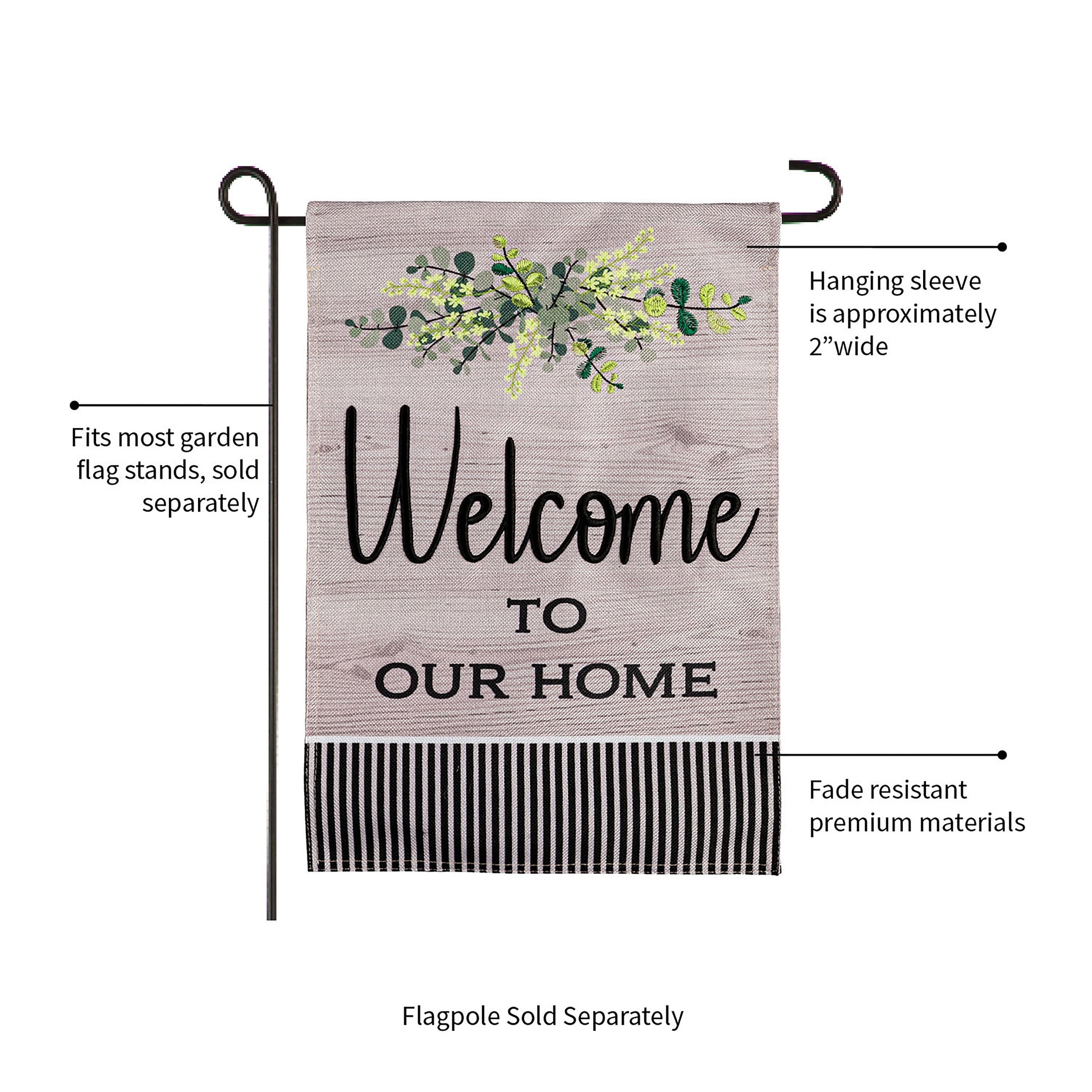Wood grain burlap Welcome garden flag with green foliage on metal stand Evergreen Enterprises on Tampa Home & Garden Store