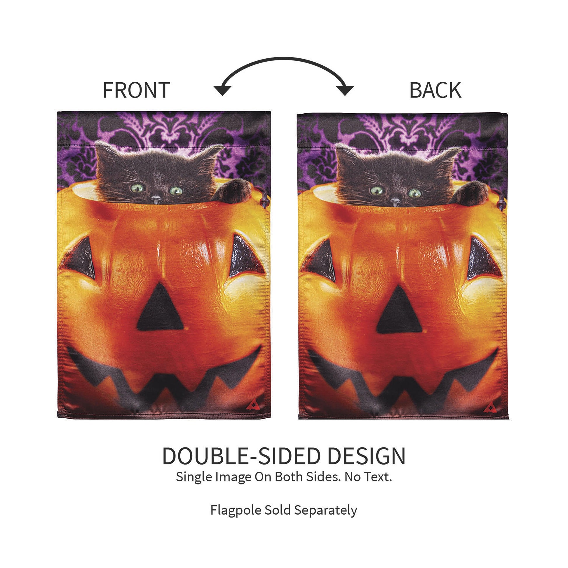 Kitten in Jack O'Lantern Pumpkin Bucket Lustre Garden Flag purple top orange pumpkin two flags on Tampa Home & Garden Store