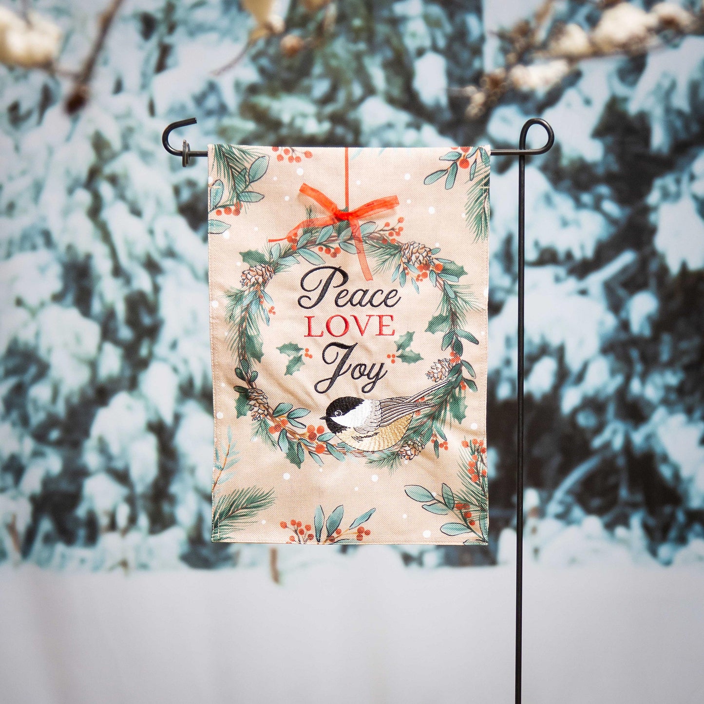 Chickadee Wreath Burlap Garden Flag beige burlap with green wreath red berries on Tampa Home & Garden Store