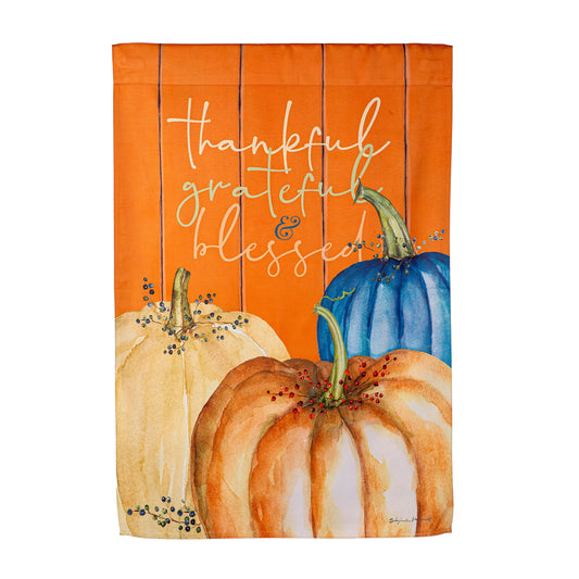 Thankful, Grateful, and Blessed suede house flag with four orange panels and white cursive text on Tampa Home & Garden Store