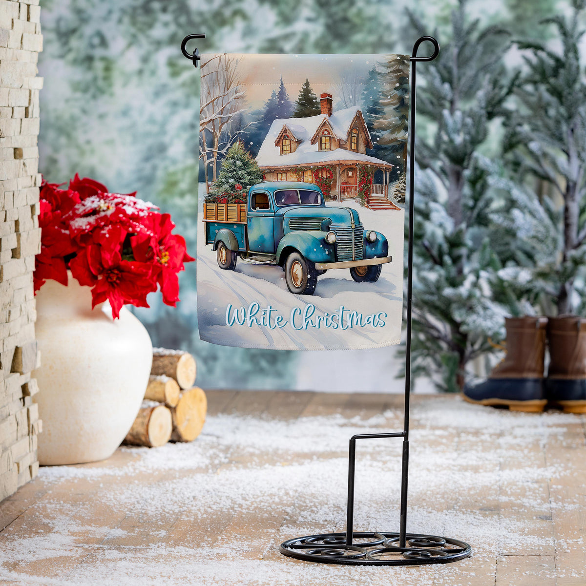 Holiday Blue Truck Suede Garden Flag with a vintage blue truck in a snowy Christmas scene on Tampa Home & Garden Store