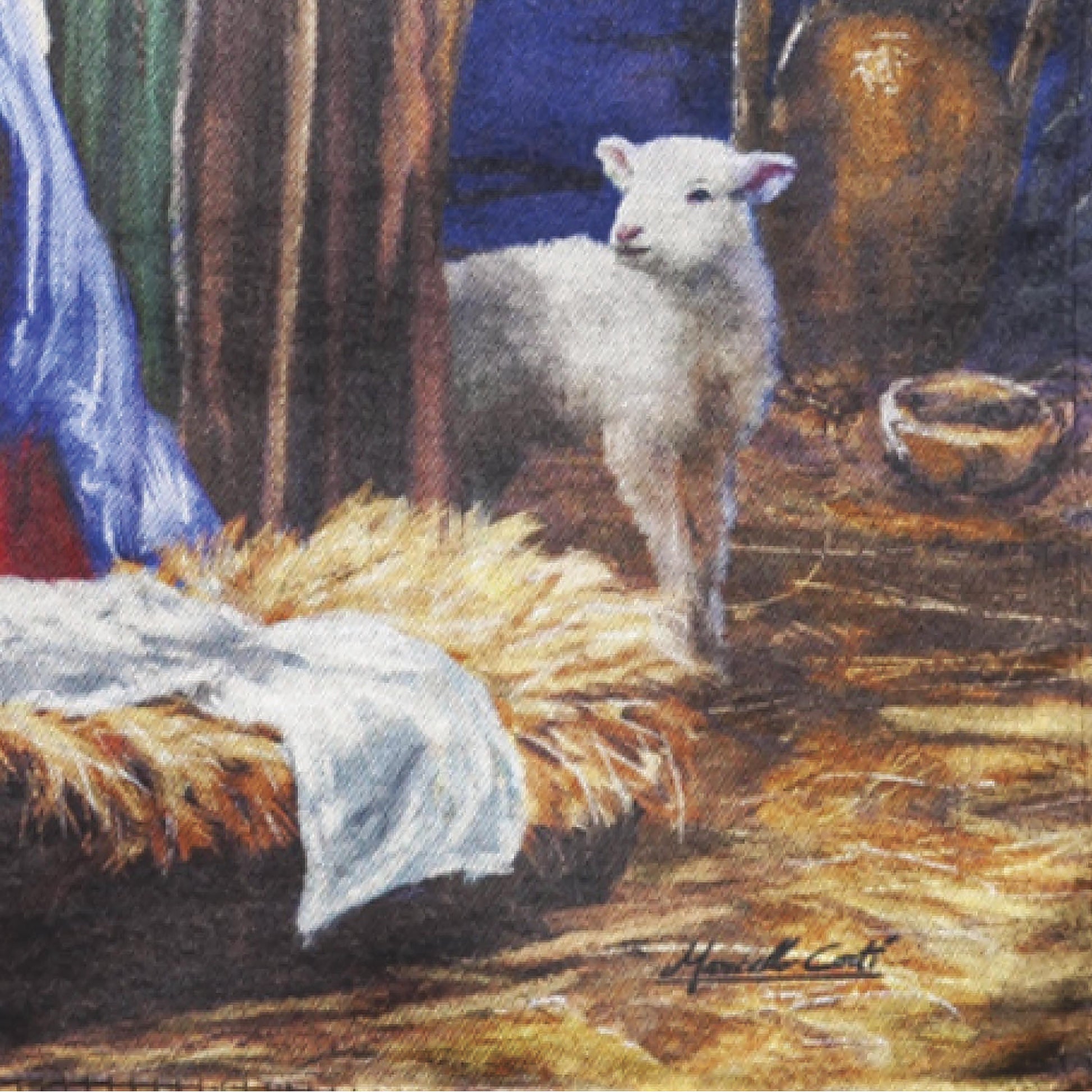 Holy Night Nativity Garden Lustre Flag featuring a white lamb against a blue and gold nativity scene on Tampa Home & Garden Store
