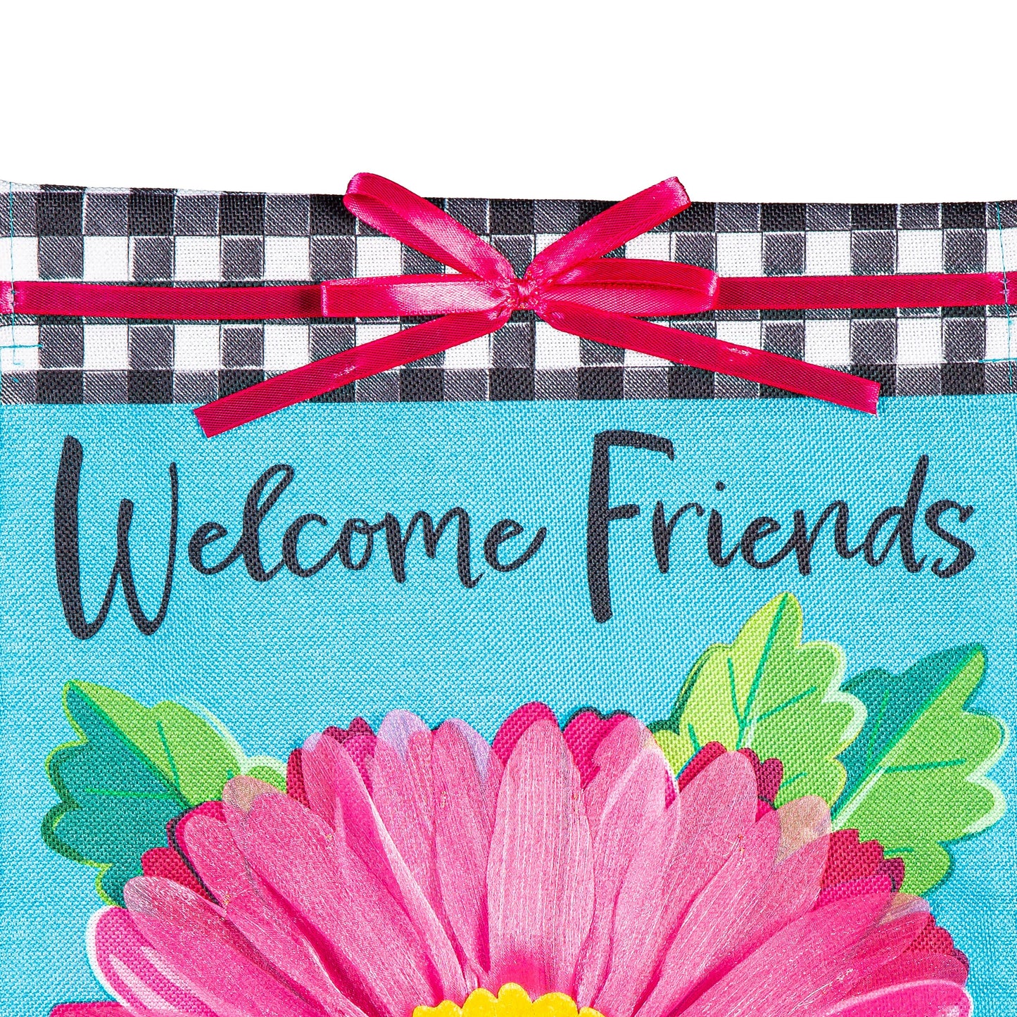 Welcome Friends Daisy Burlap Garden Flag blue burlap background with pink daisy bouquet on Tampa Home & Garden Store