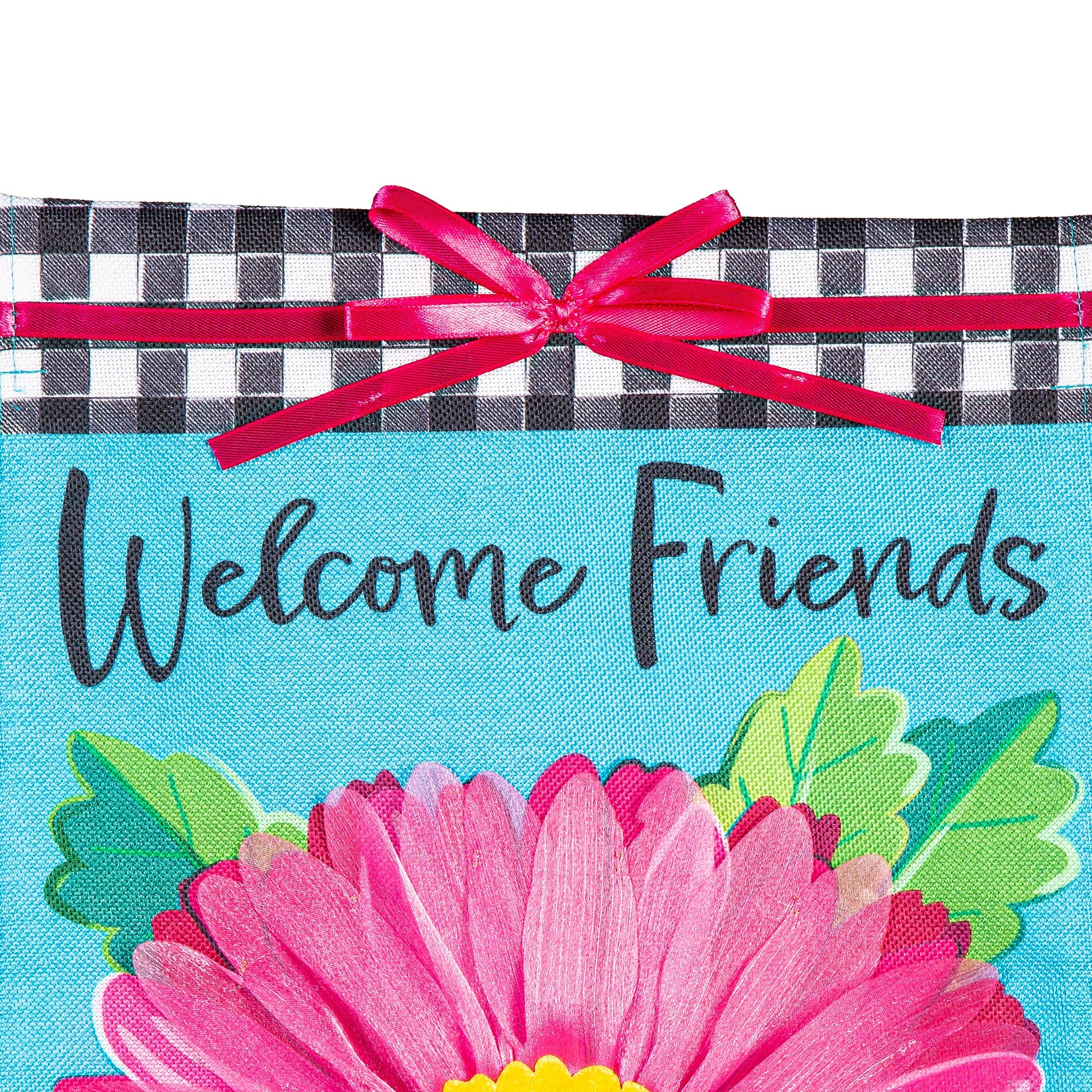 Welcome Friends Daisy Burlap Garden Flag blue burlap background with pink daisy bouquet on Tampa Home & Garden Store