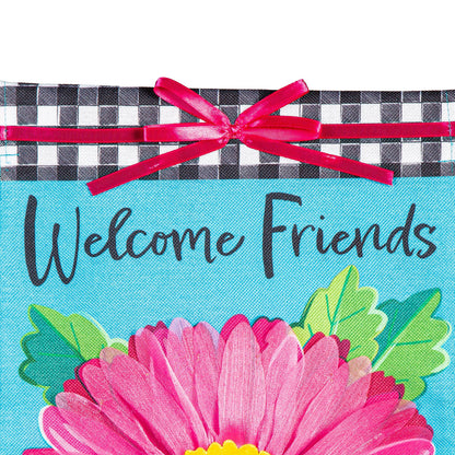 Welcome Friends Daisy Burlap Garden Flag blue burlap background with pink daisy bouquet on Tampa Home & Garden Store