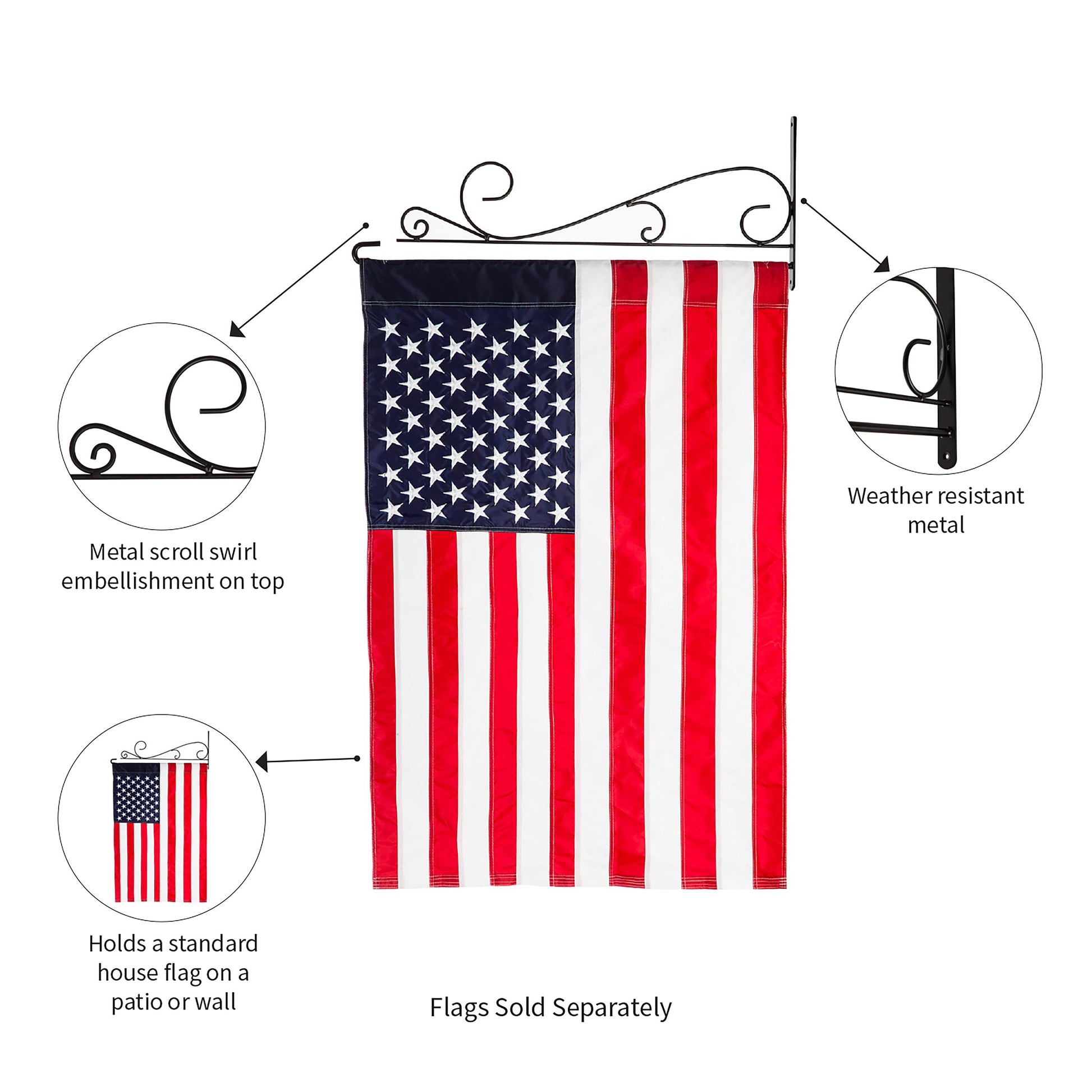 Swirl Wall-Mount Flag Hanger; black metal bracket for flags, Evergreen Enterprises on Tampa Home & Garden Store