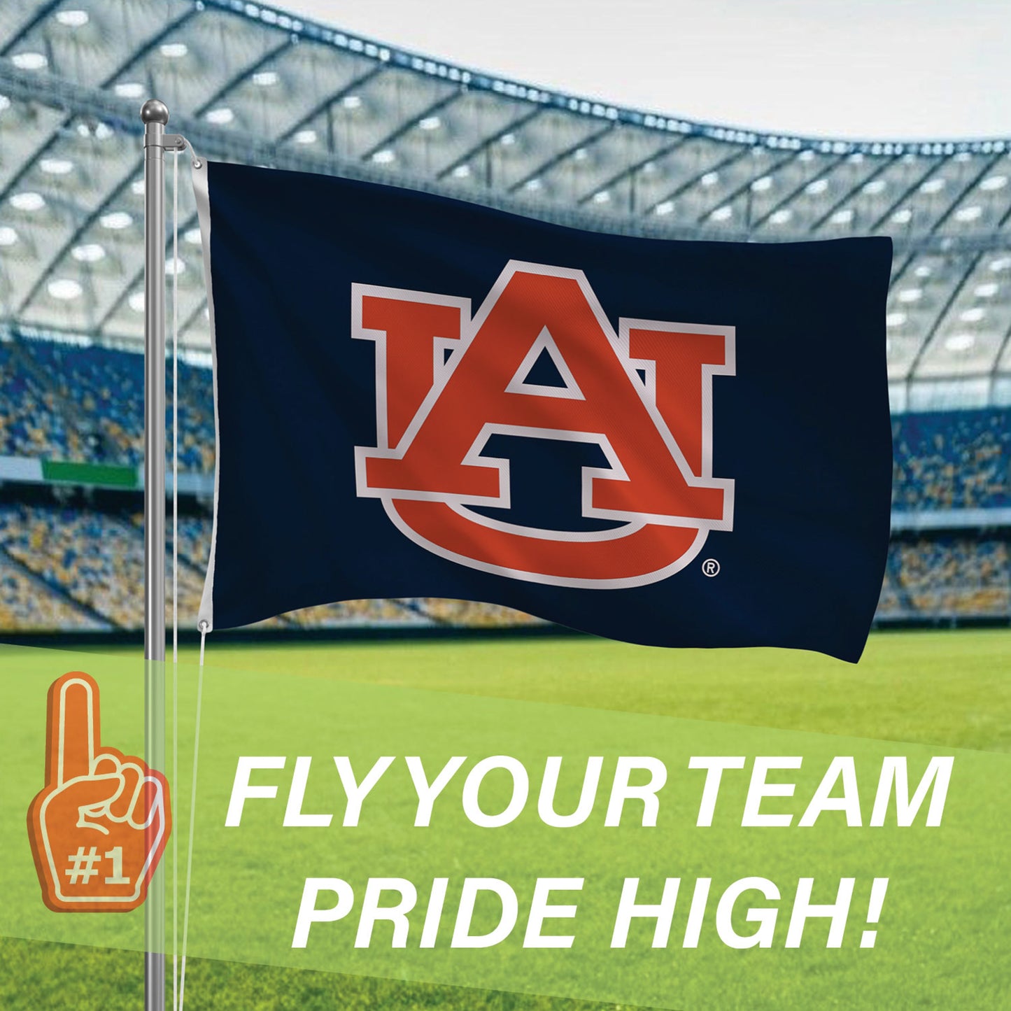 Auburn University 3x5 sublimated flag on navy with orange AU emblem, 2 grommets on metal pole on Tampa Home & Garden Store