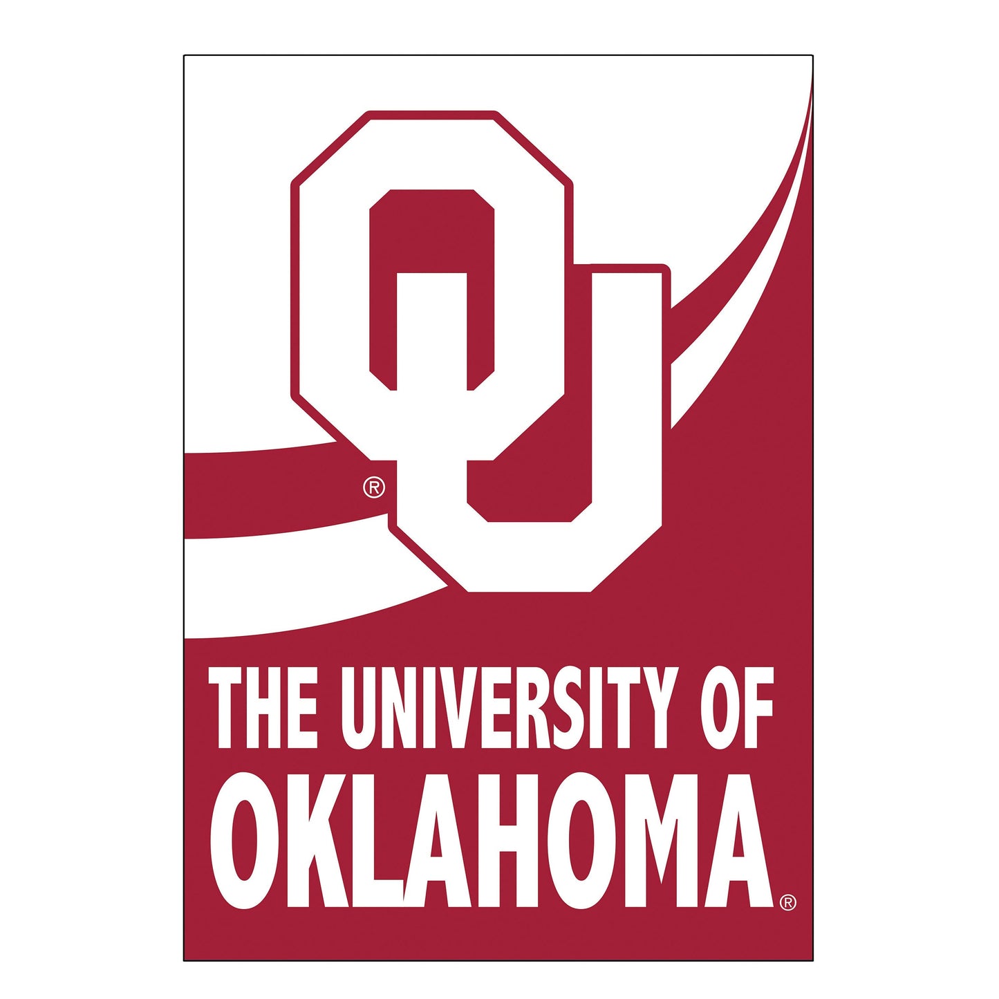 Burlap garden flag featuring University of Oklahoma OU logo and white OKLAHOMA on maroon on Tampa Home & Garden Store