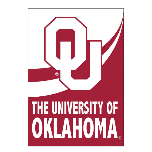 Burlap garden flag featuring University of Oklahoma OU logo and white OKLAHOMA on maroon on Tampa Home & Garden Store