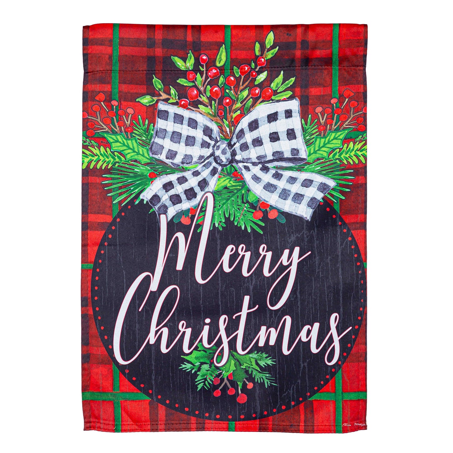 Farmhouse Ornament Suede Garden Flag red plaid border with holly berries and a checkered bow on Tampa Home & Garden Store