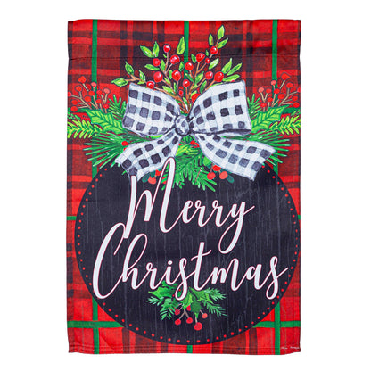 Farmhouse Ornament Suede Garden Flag red plaid border with holly berries and a checkered bow on Tampa Home & Garden Store