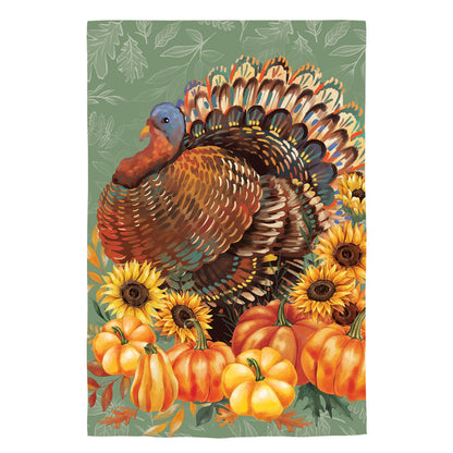 Grateful Gatherings Turkey Suede House Flag with turkey and pumpkins on green background on Tampa Home & Garden Store