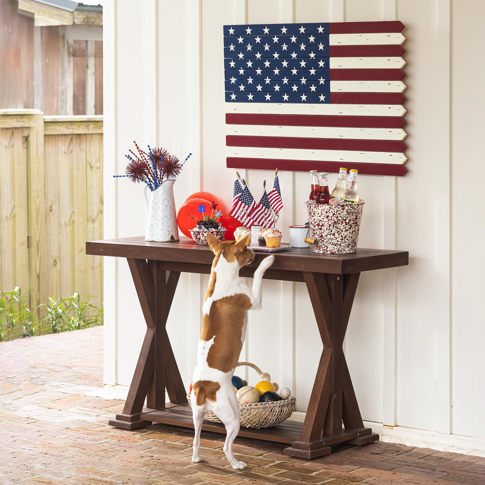 Classic American Flag wooden wall art by Evergreen Enterprises, distressed blue field with stars on Tampa Home & Garden Store