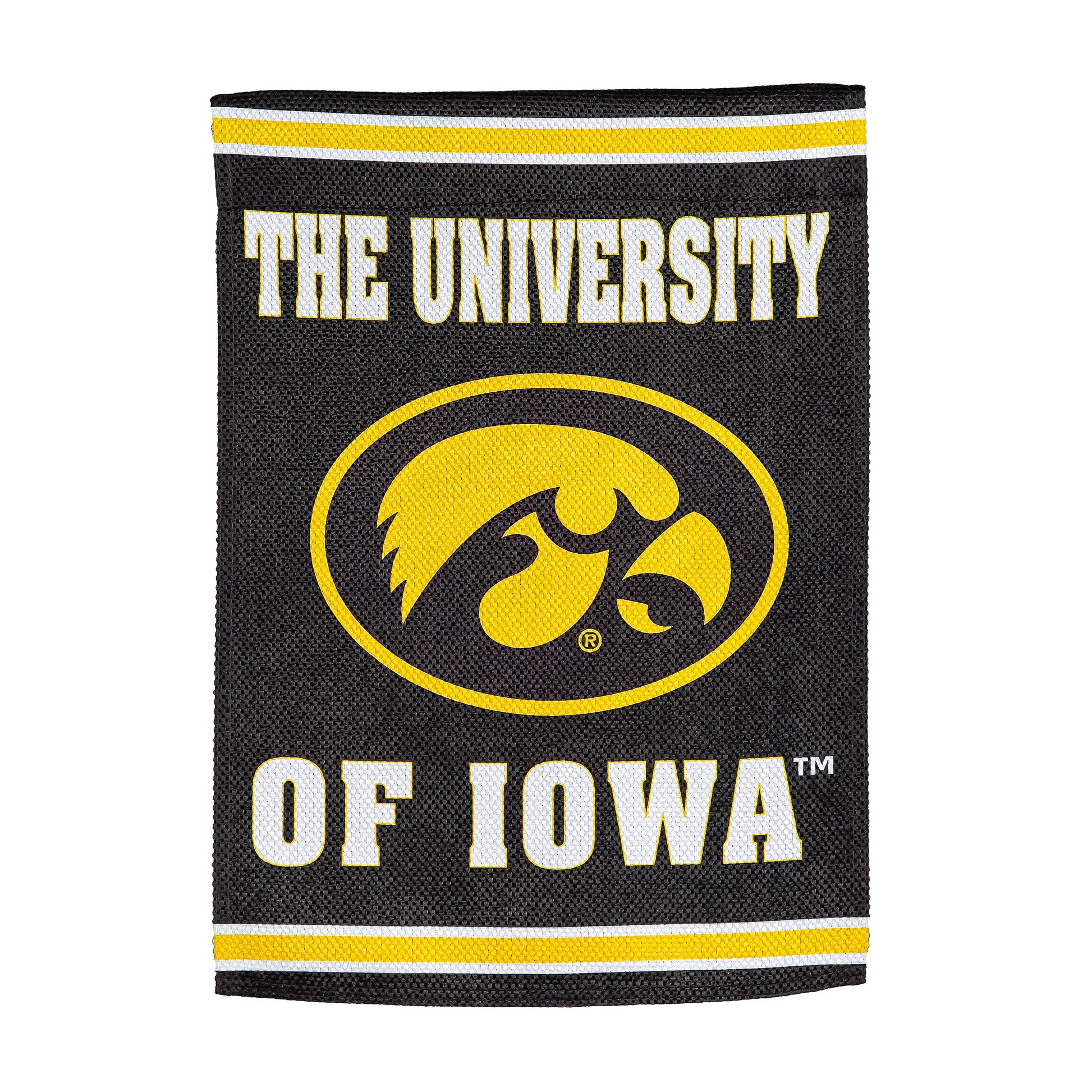 Embossed suede flag University of Iowa, house size, black field with yellow emblem on Tampa Home & Garden Store
