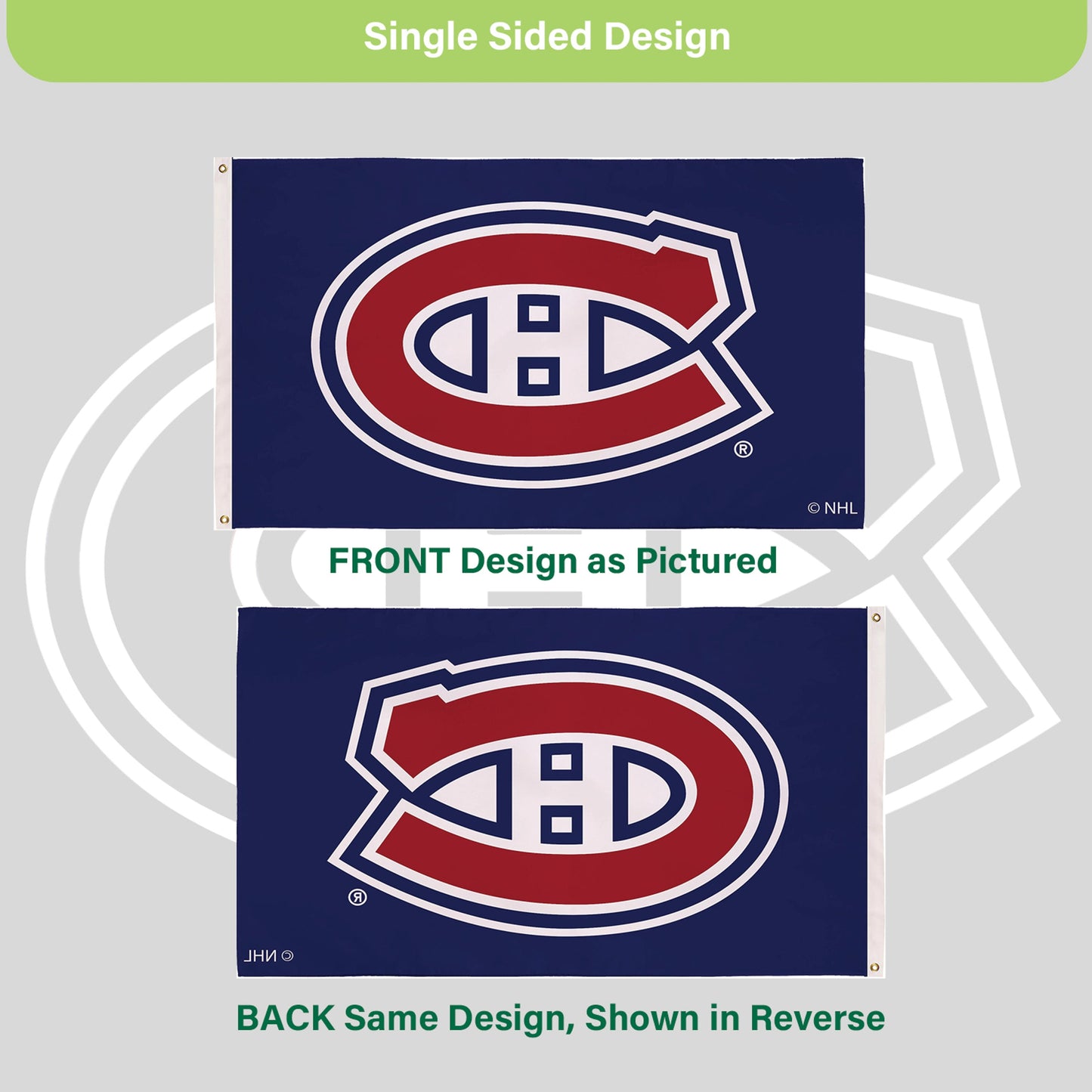 Montreal Canadiens 3x5 flag, single-sided sublimated with 2 grommets, navy field red logo on Tampa Home & Garden Store