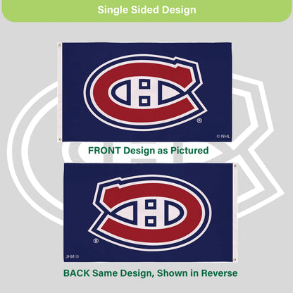 Montreal Canadiens 3x5 flag, single-sided sublimated with 2 grommets, navy field red logo on Tampa Home & Garden Store